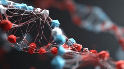 Molecular structure of DNA with blue, red, and white elements on a dark background, emphasizing scientific details.