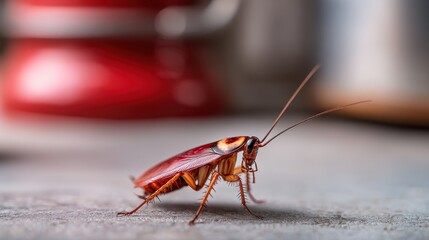 A cockroach on a surface with a blurred background.
