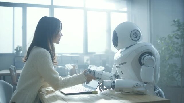 Human and Robot Interaction: A woman engaging in a warm interaction with a futuristic robot, fostering connection and showcasing the convergence of technology and human interaction.