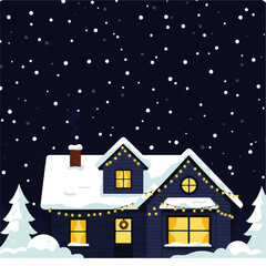 Naklejka premium Cozy Winter House with Christmas Lights and Falling Snow.