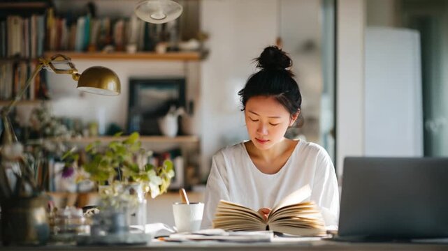 Serene Reading Corner: A woman deeply engrossed in a book, bathed in the soft glow of natural light filtering through the window, creating a tranquil atmosphere in a cozy reading corner. 