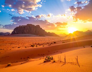 A scenic desert landscape under a vibrant sunset with glowing light rays. The sandy dunes lead to a rocky mountain