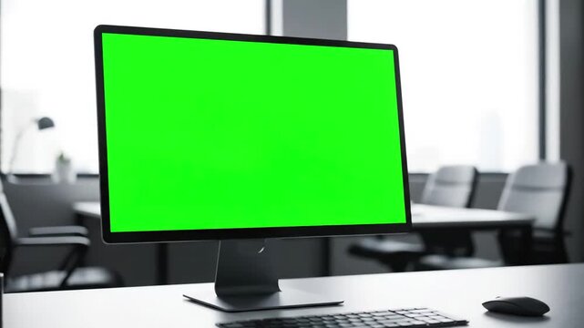 Green Screen computer and mockup desktop in office for user interface website web design company technology digital marketing blank pc advertising ux software dashboard scene 1 with distortion