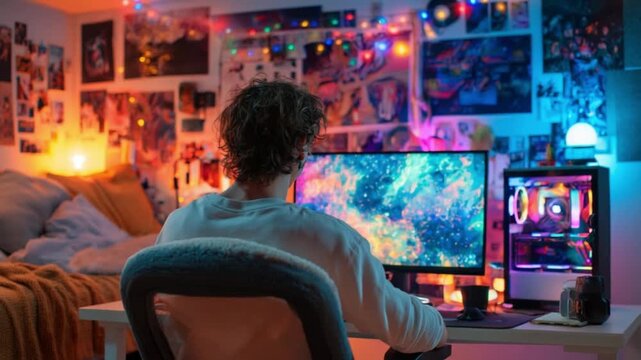 Tech Enthusiast's Sanctuary: A young individual is engrossed in their gaming setup, a vibrant array of screens, lights, and decor creating a world of digital immersion.