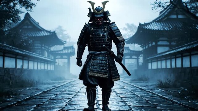 Cinematic Shot of a Menacing Samurai Warrior in Black Armor Walking Through a Misty Japanese Village.