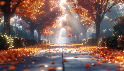 A serene park pathway covered in golden leaves, surrounded by vibrant orange and red trees under warm sunlight. Gentle falling leaves create a dreamy autumn atmosphere