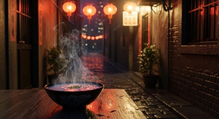 A steaming bowl of soup sits on a wooden table in a dimly lit alleyway adorned with traditional Chinese lanterns.