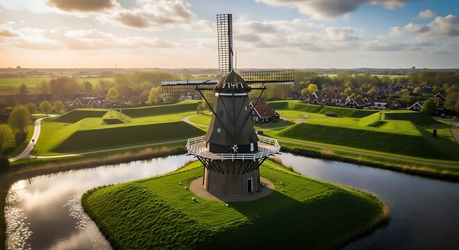 Traditional Dutch windmill with sails on a small island surrounded by water and green grassy mounds with a village in the background at sunset Keywords: windmill, Dutch windmill, traditional - Powered by Adobe