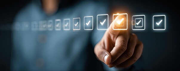 Businessman touches digital progress checklist concept. Businessman checking tasks with digital interface and checkmarks.