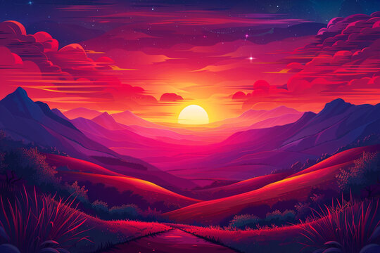 Vector illustration of retro 80s sunset with palm tree silhouettes on abstract triangle background, featuring a retrowave, synthwave, and vaporwave aesthetic with gradient colors.    - Powered by Adobe