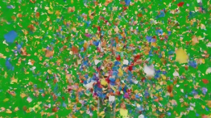 Green Screen confetti party popper explosions on a background two options 3d animation 4k scene 1 with distortion, overlay, glitch, static noise, scan lines black background, animated video loop