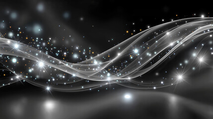Elegant abstract design featuring flowing silver and gray waves with sparkling stars and light reflections, creating dreamy atmosphere