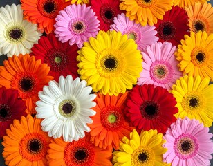 A vibrant close-up of various colorful gerbera daisy blossoms