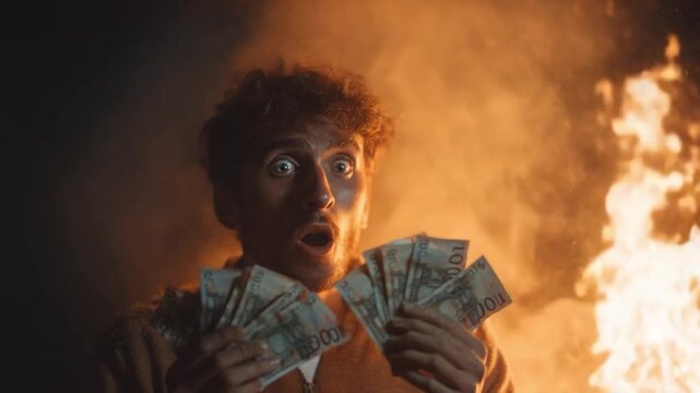 Flaming Desperation: A man's expression of shock and panic is set against a raging blaze, his cash clutched in hand. This scene evokes the intense emotions of loss and desperation.