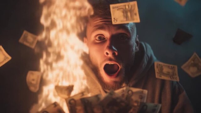 Burning Money: A man's expression of shock and bewilderment is captured as currency burns fiercely, symbolizing financial loss or reckless spending.