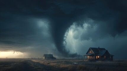 Large tornado striking through tornado alley concept. A dramatic storm with tornado swirling near a rural farmhouse.