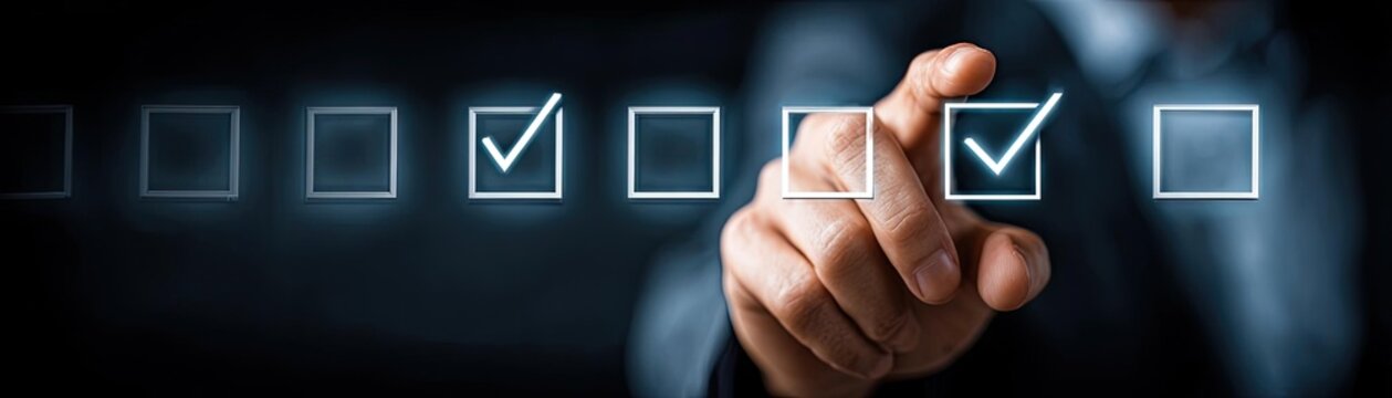 Businessman touches digital progress checklist concept. Close-up of a hand checking a digital checklist on a screen.