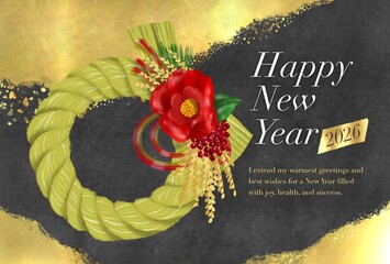 黒色と金色の背景にしめ縄飾りの美しいイラストが入った年賀はがきテンプレート　2026年