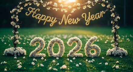 A festive Happy New Year 2026 greeting card with golden text and numbers made of beautiful white flowers on a lush green lawn