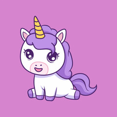 Cute Cartoon Unicorn Sitting on Pink Background Illustration