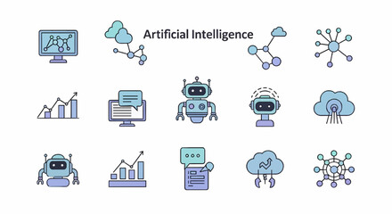 AI Technology Flat Icons Set – Minimal Vector Illustrations of Artificial Intelligence, Chatbot, Data, and Cloud Computing Concepts
