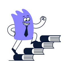 Cartoon character climbing books symbolizes business education
