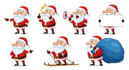 Fototapeta premium UntitledA set of funny cartoon Santa Claus characters in different poses and actions. Each Santa has a big nose, expressive eyes, and wears a red suit with a black belt, white beard, and red hat.