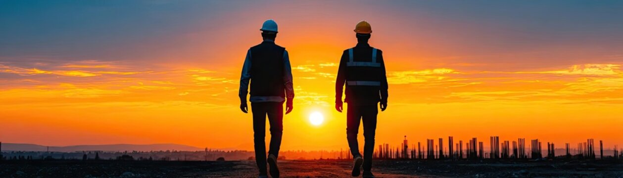 Safety officer performing thorough safety audit concept. Construction workers observe a stunning sunset at a job site.