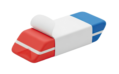 A red and white eraser with a blue stripe, isolated on a png transparent.