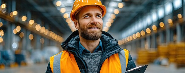 Safety officer performing thorough safety audit concept. Smiling worker in safety gear at a busy industrial site.
