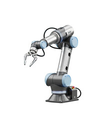 A robotic arm with a metallic body and blue accents, holding a key in its claw. The scene is set against a png transparent.