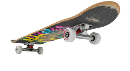 A skateboard with colorful graffiti design and white wheels against a png transparent.