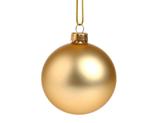 Isolated shiny gold orb Christmas ornament with a ribbon hanger against a black backdrop