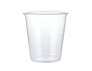 A clear, ridged, translucent plastic cup stands against a black backdrop