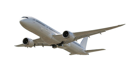 Obraz premium A white airplane in flight with two engines, flying against a png transparent.