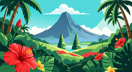 Scenic tropical paradise landscape illustration with a majestic volcano, palm trees, and vibrant hibiscus flowers © PDWN Creative