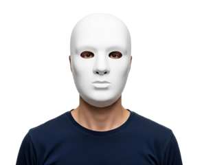 A man wearing a white mask with a blank face, standing against a white background.