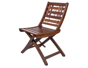 Wooden folding chair, brown, front view, isolated on black background, slats and joinery