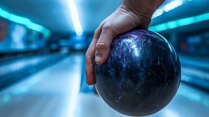 A muscular man's hand, with discreetly prominent veins, holds a shiny black bowling ball