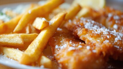 Overhead Shot of Fish and Chips with Lemon