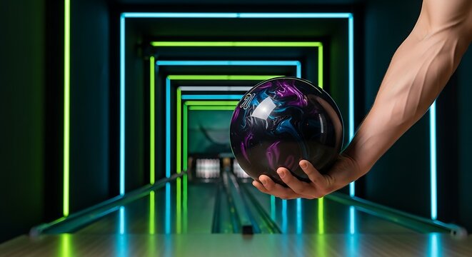 A muscular man's hand, with discreetly prominent veins, holds a shiny black bowling ball