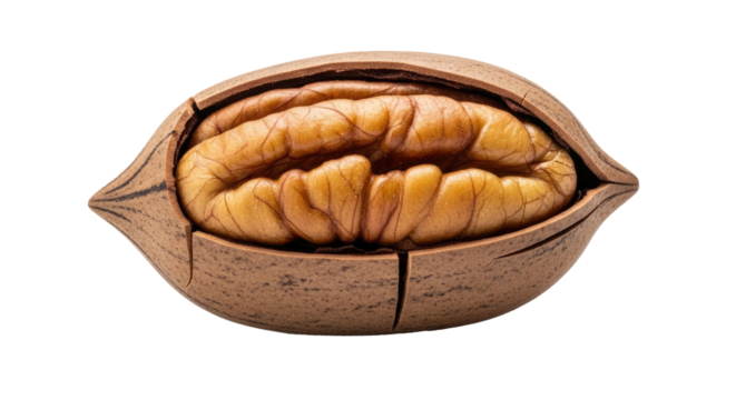 A single pecan nut in its shell, isolated on a png transparent.