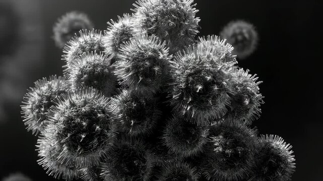 A scientifically accurate, monochromatic animation of viruses. Perfect for a realistic, documentary, or research aesthetic.