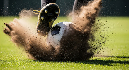 Dynamic soccer action shot shows powerful kick with dirt spraying, perfect for sports marketing and athletic achievement imagery