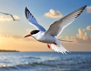 A tern flies across a bright seascape with open wings, against a beautiful sky with soft clouds and ocean waves