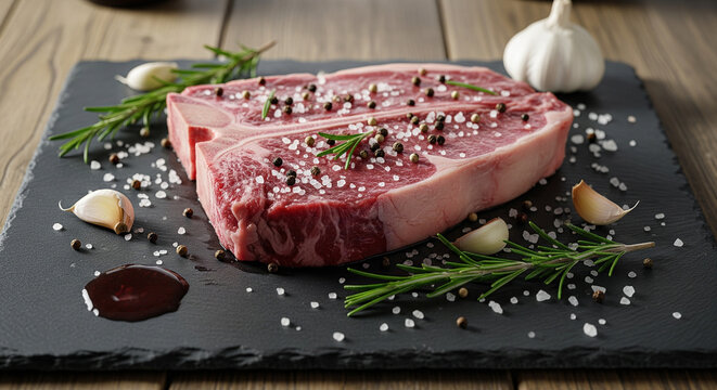 Appetizing raw T-bone steak seasoned with salt, pepper, rosemary, garlic, and sauce ready to be cooked for a delicious dinner