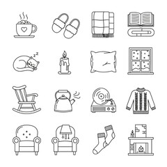 Naklejka premium Collection of Relaxation and Home Comfort Linear Icons, Including Coffee Mug, Pillow, Rocking Chair, Blanket, and Armchair.