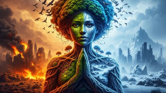 Humanitys duality a face split between destruction and natures rebirth