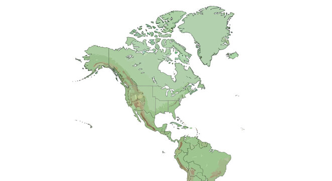 A detailed map of North and South America, showing geographical features.