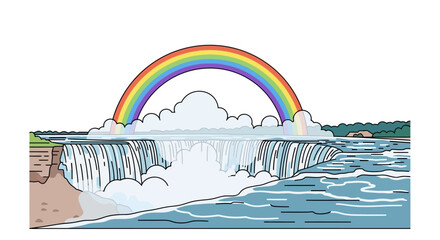 A vibrant cartoon illustration of Niagara Falls with a beautiful rainbow arching over the misty cascade.